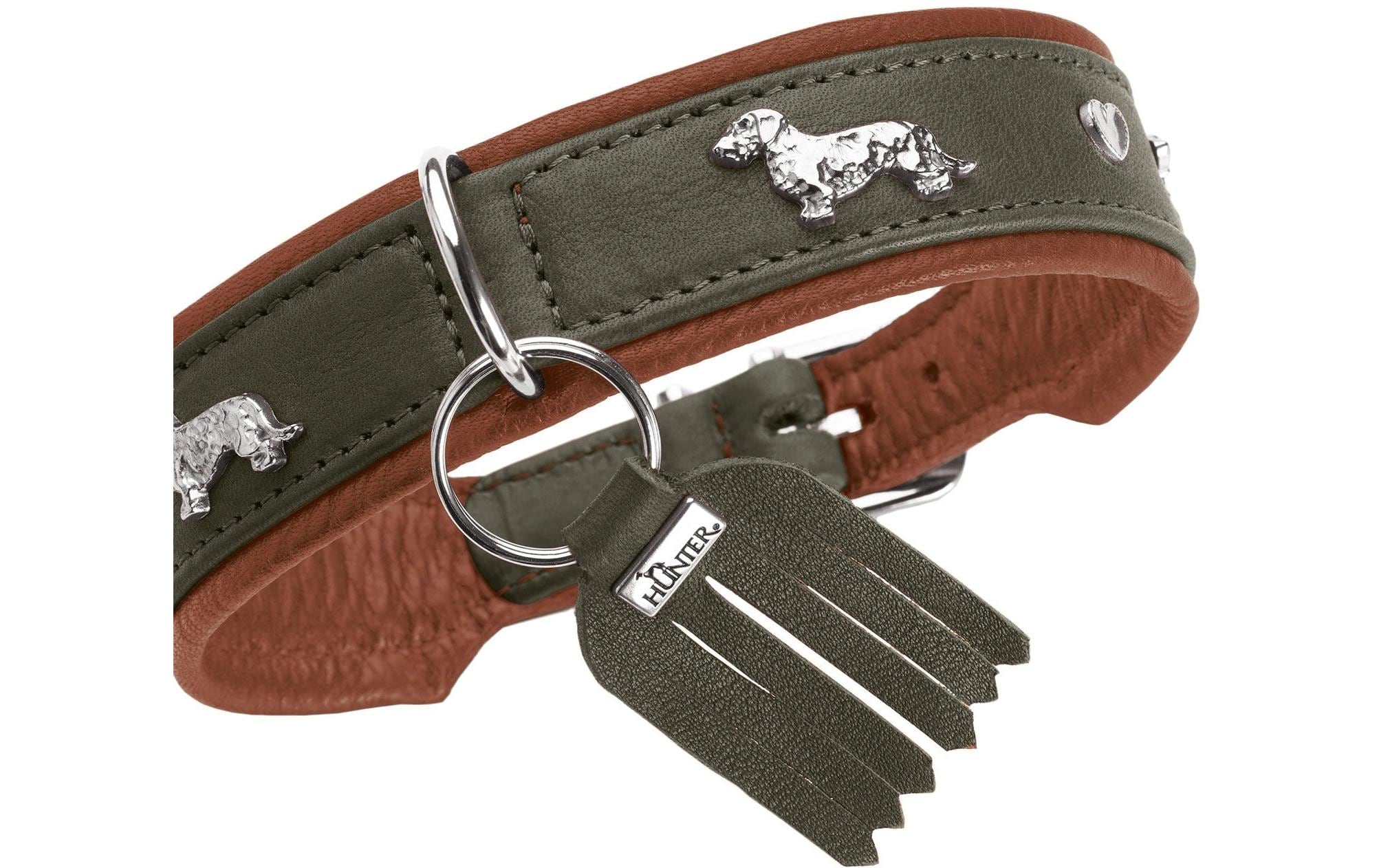 Teckel-Halsband München 37/XS-S, Rindsleder, Grün/CognacKlassisches Halsband für Hunde mit auffälligen Dackel-Besätzen