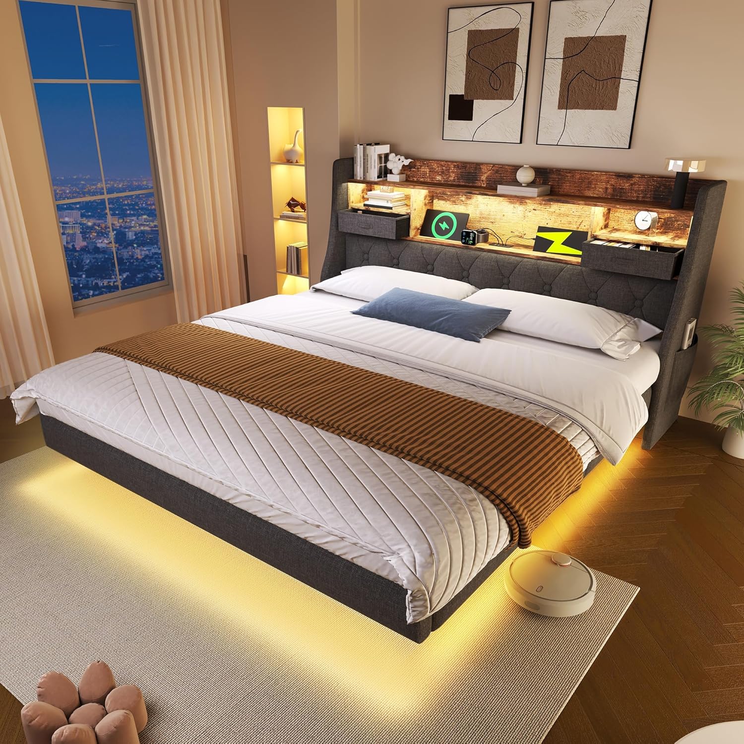 okwish Polsterbett 140x200 cm Jugendbett mit LED Beleuchtung und Ladefunktion (3xUSB 1xType-C) - Stauraum-Kopfteil mit Schubladen und Seitentaschen - Max. Traglast: 300 kg - ohne Matratze, Leinen Grau