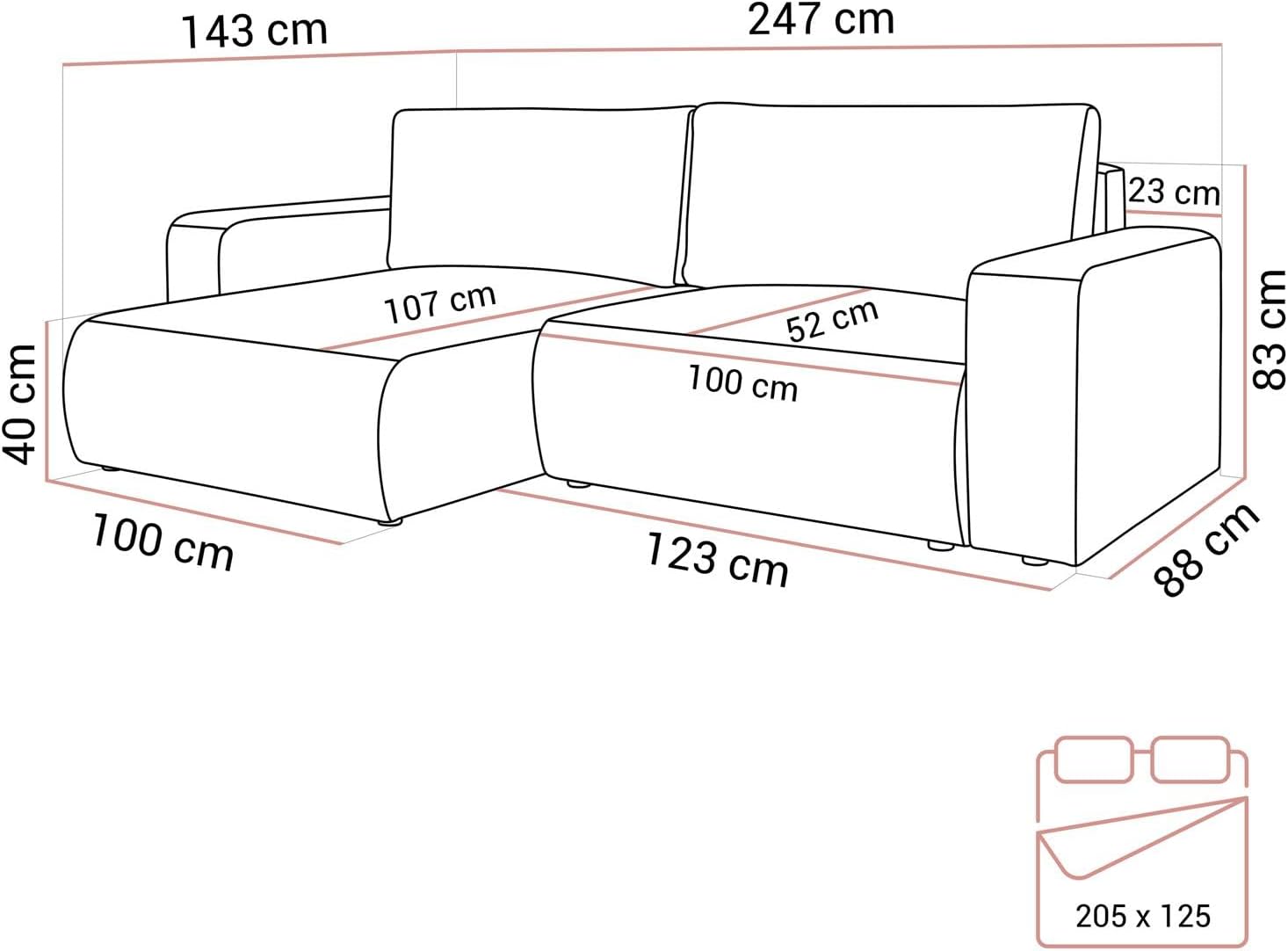 Lookway Ecksofa Opera mit Schlaffunktion und Bettkasten, universaler L-Form Schlafsofa mit Liegefläche 125x205 cm, Wohnzimmer Sofa (Dunkelgrau - Poso 34)
