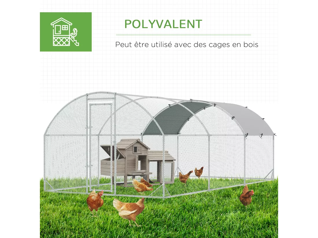 Enclos poulailler chenil 15,96 m² - parc grillagé dim. 5,7L x 2,8l x 1,97H m - espace couvert - acier galvanisé