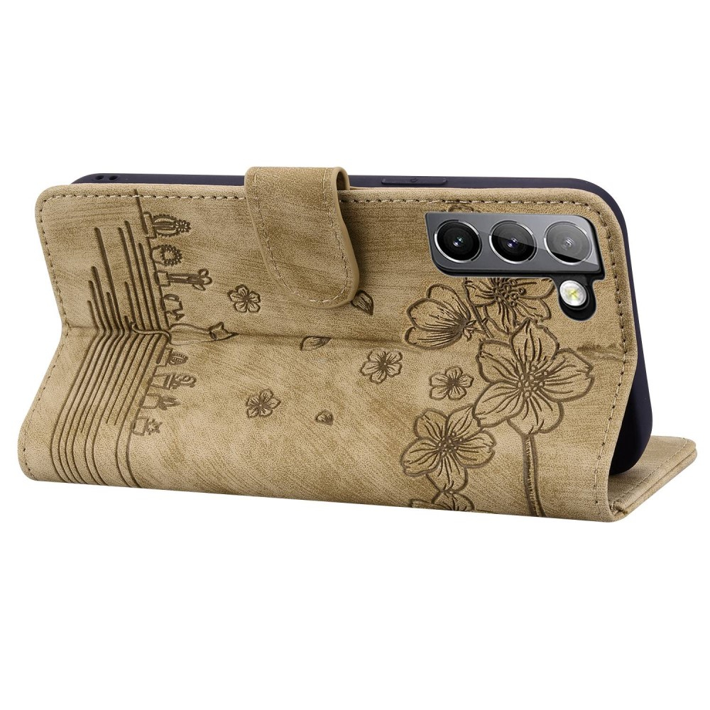 Samsung Galaxy S22 5G Leder Tasche Flip Cover Katze & Blumen Imprint - Braun