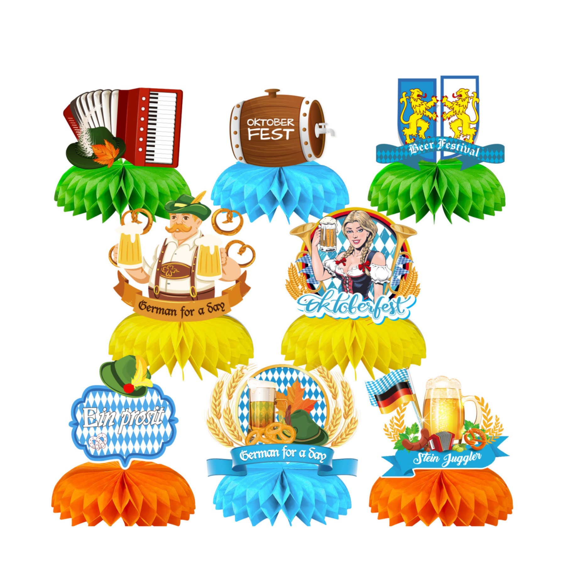 (8er Set) Oktoberfest Papier Waben Aufsteller Bayrische Bierfest Party Tisch Deko - Ein Prosit