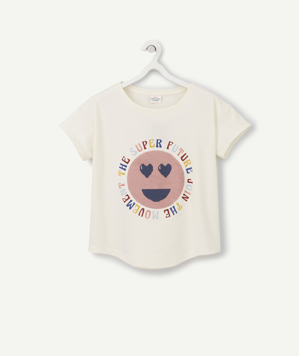 T-SHIRT FILLE EN COTON BIO ÉCRU AVEC SMILEY EN SEQUINS ET MESSAGE