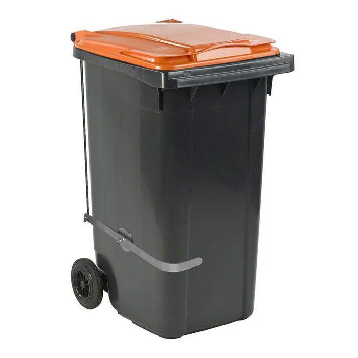 Afvalcontainer 240 liter grijs met oranje deksel en voetbediening (6151801588519)
