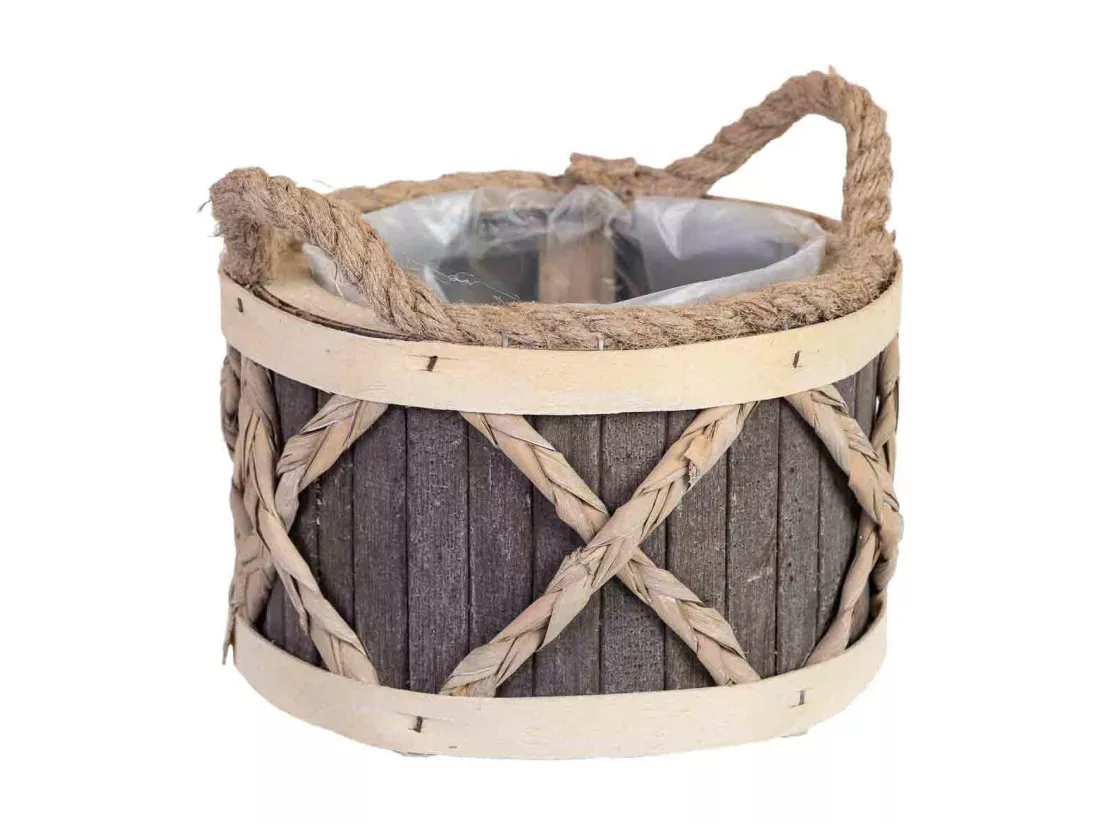 Panier rond en bois gris avec anses 18x18x12h cm