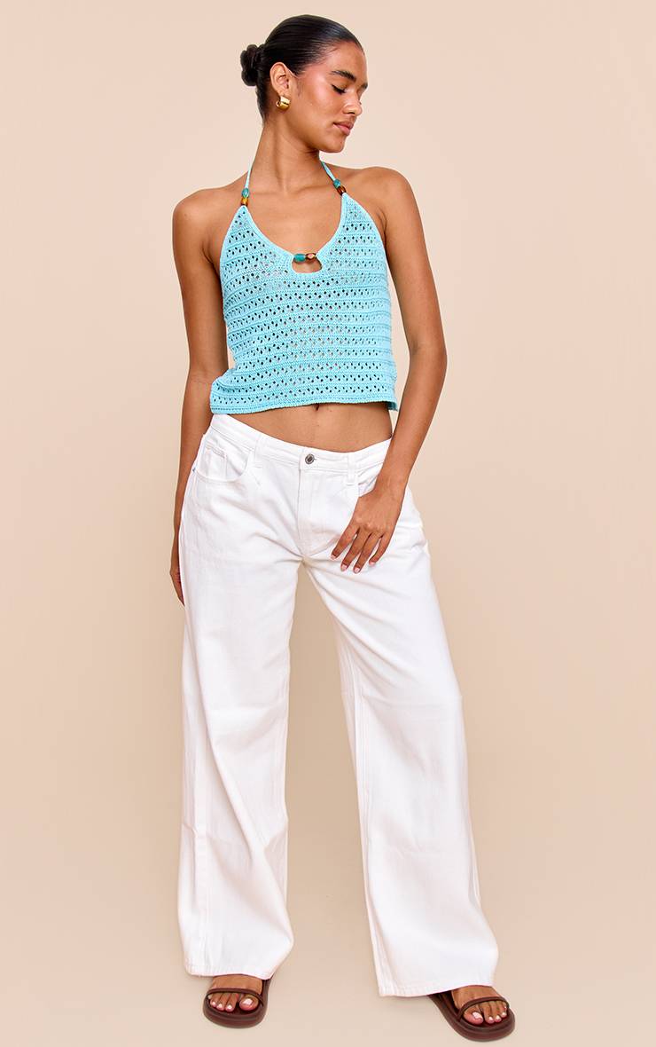 Bleu Haut Licou En Crochet Avec Détails De Perles