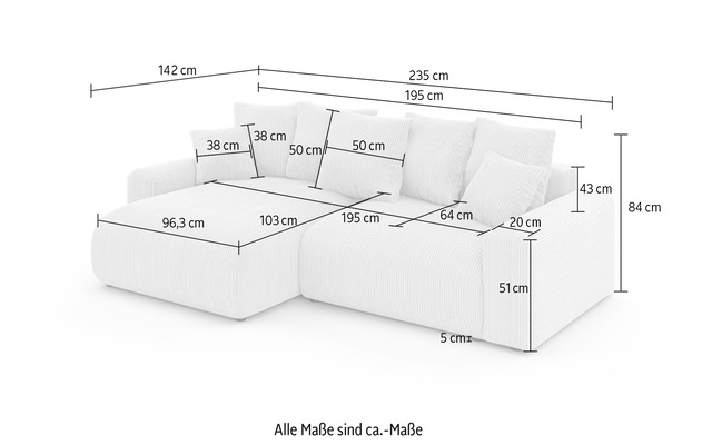 Home affaire Ecksofa »LAKESIDE klein mit Bettfunktion und Bettkasten, B/T/H 235/142/84 cm« L-Form, Recamiere beidseitig montierbar, mit Wellenunterfederung