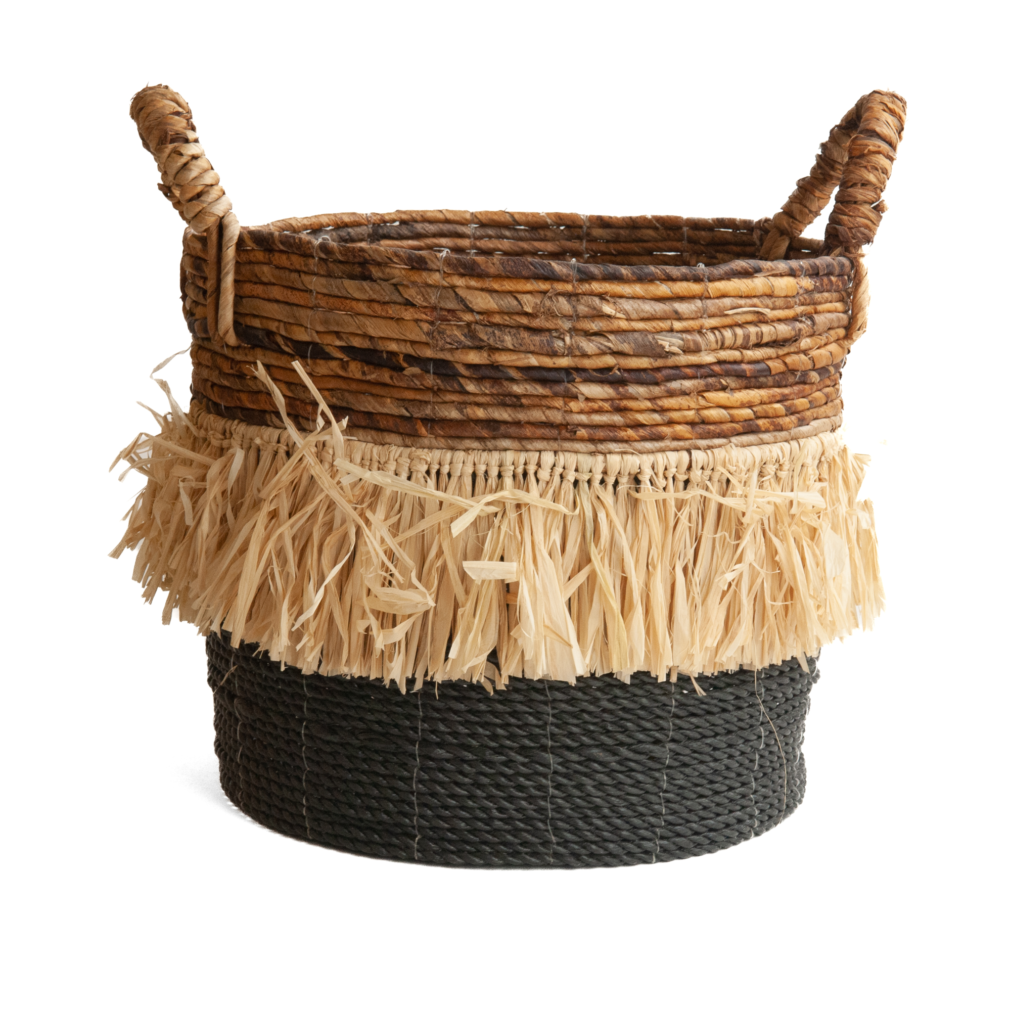 Gevlochten mand natural/zwart, zeegras met raffia L