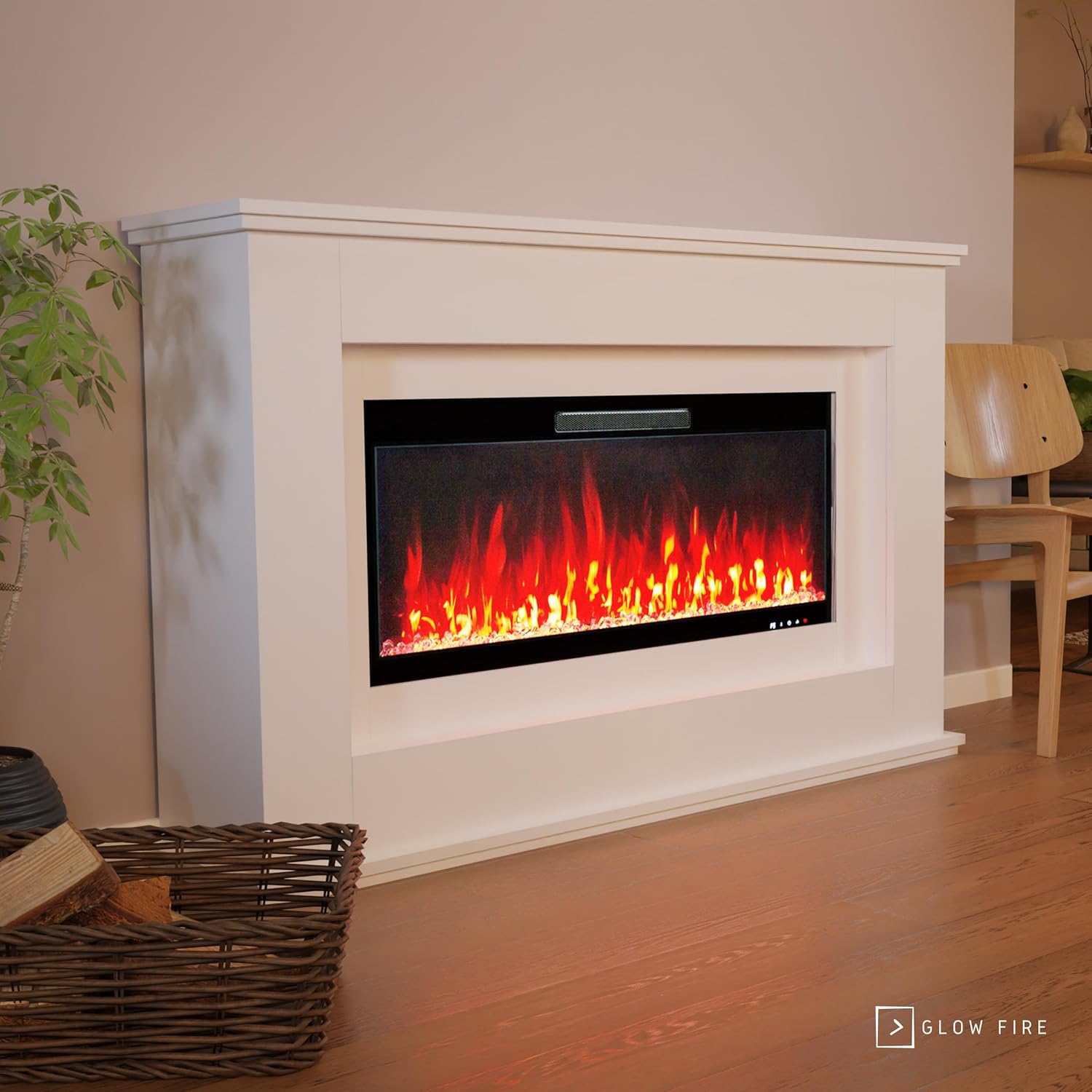 GLOW FIRE Elektrokamin mit Heizung und Kaminfeuer (Standkamin Rhea) - elektrischer Kamin mit LED-Feuer in 5 Farben, Heizlüfter, Deko & Fernbedienung - 158x97x33 cm, Weiß