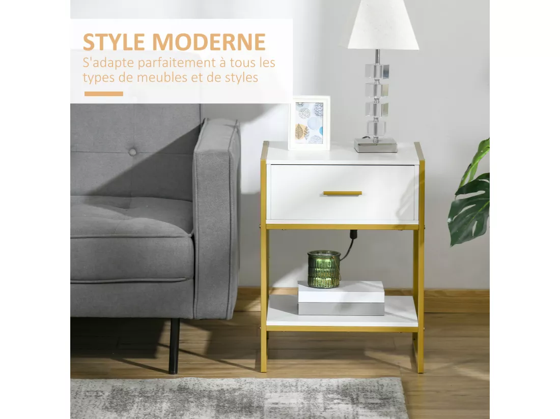 Chevet table de nuit style art déco - tiroir, étagère - acier doré panneaux blanc