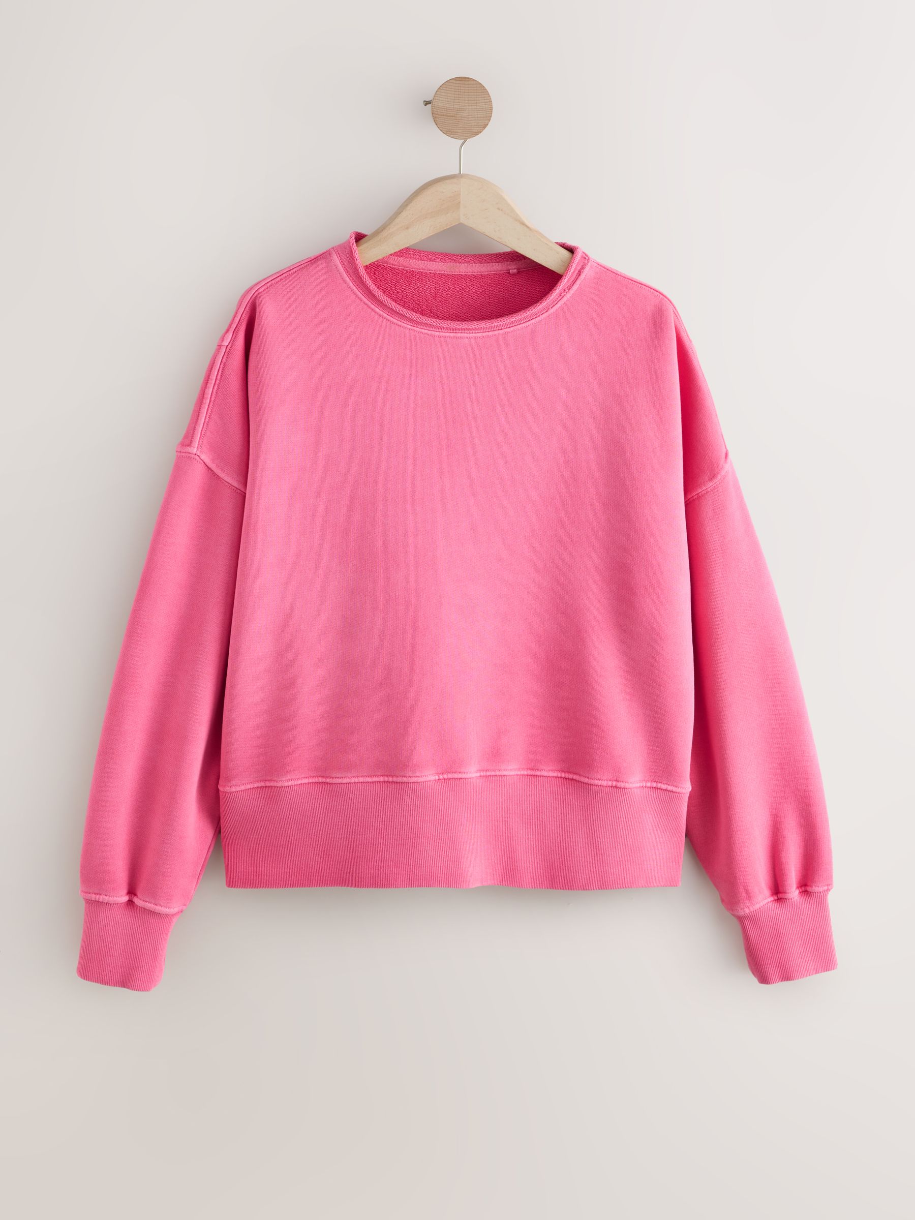 Magenta-roze - Sweatshirt met wassing, ronde hals en ongelijke zoomafwerking van katoen