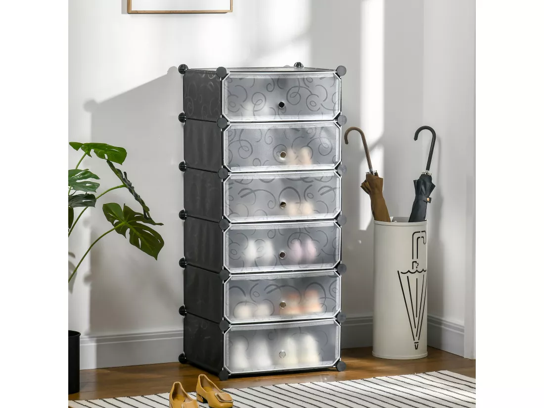 Meuble de rangement à chaussures modulable 6 casiers rectangulaires empilables noir blanc