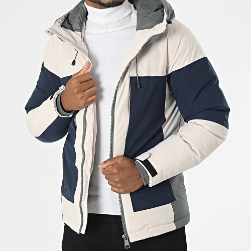 Doudoune Capuche Beige Bleu Marine