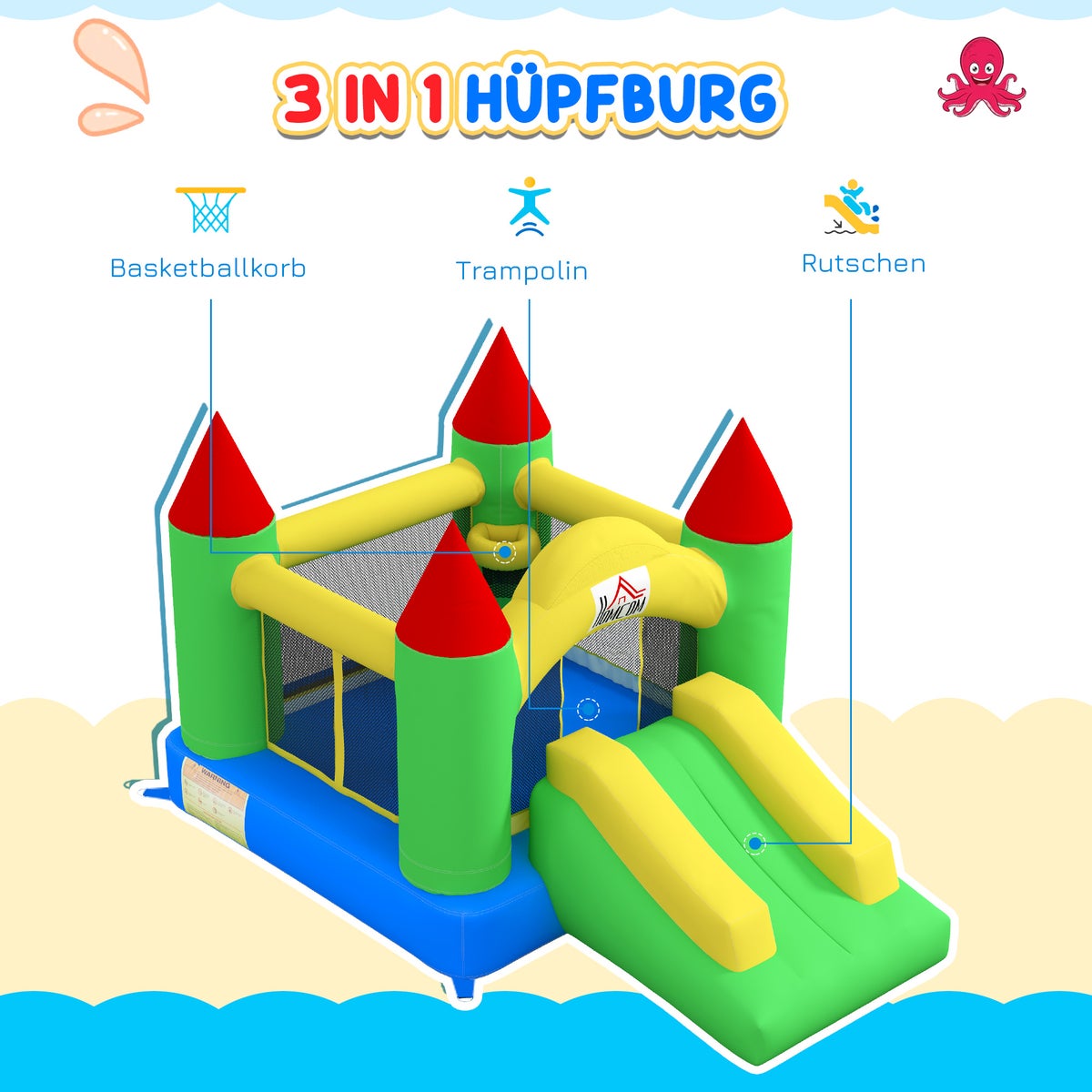 HOMCOM Opblaasbaar springkussen met blower, kinderspringkussen, speelkasteel met glijbaan, trampoline, veiligheidsnet, voor kinderen van 3 tot 10 jaar, Oxford, 300 x 180 x 160 cm