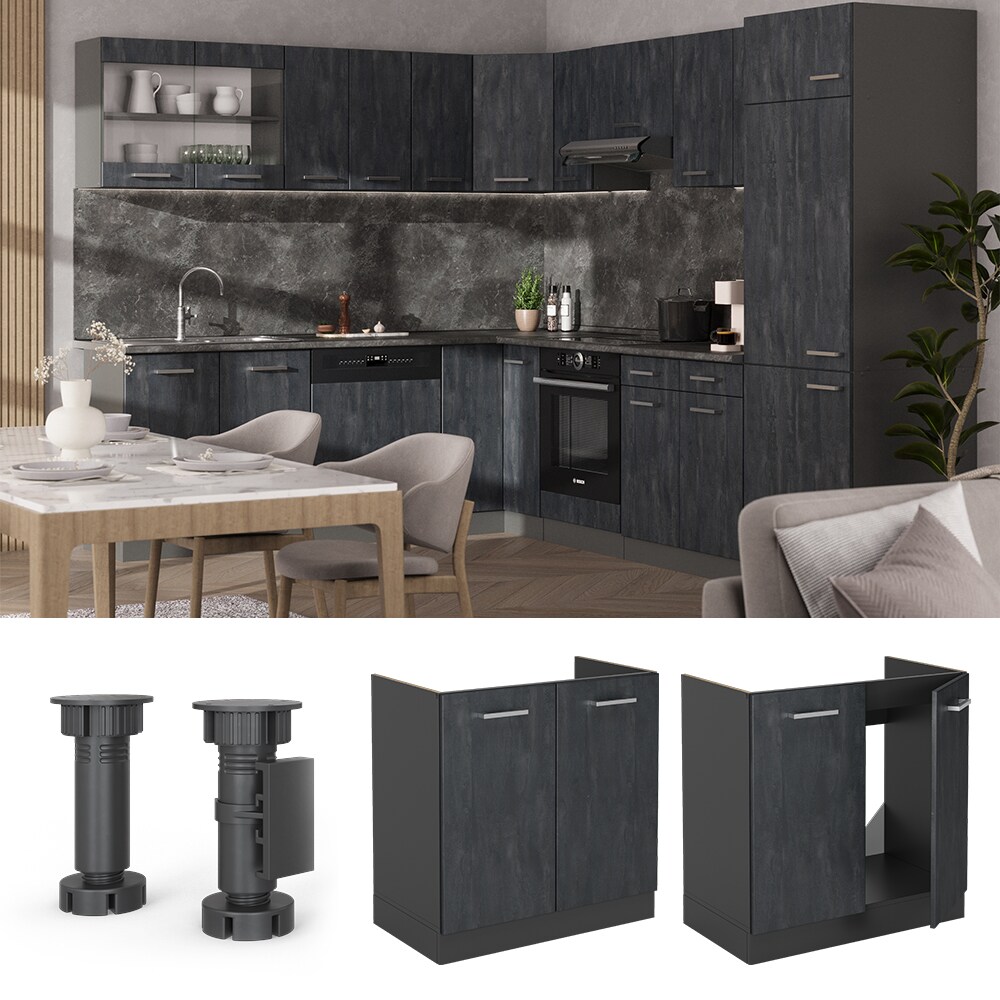 Vicco Spülenunterschrank R-Line Schwarz Beton Anthrazit 80 cm mit Arbeitsplatte Eiche