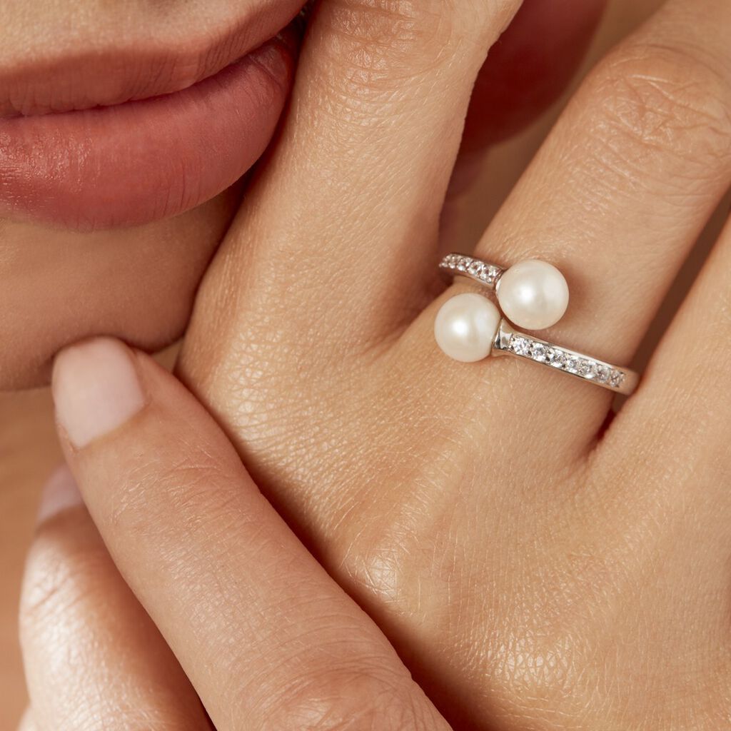Bague Ajustable Argent Blanc Jeronimo Perle Oxydes De Zirconium