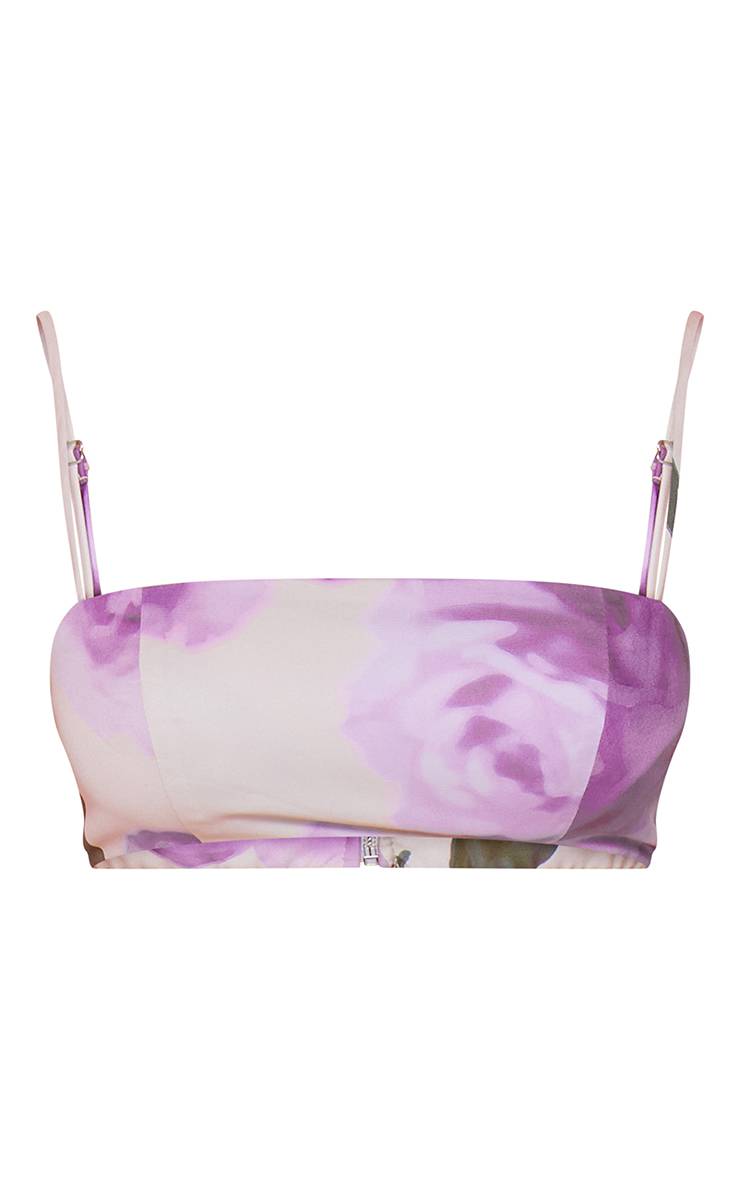 Rose Haut Bralette À Bretelles Tissé Imprimé Fleuri Coordonné
