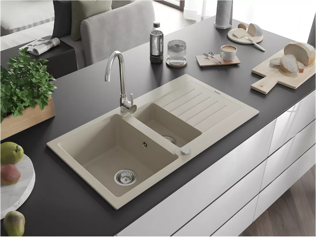 Evier de cuisine en granit beige - BARBADOS - 48 x 100 cm, 1.5 bac avec égouttoire