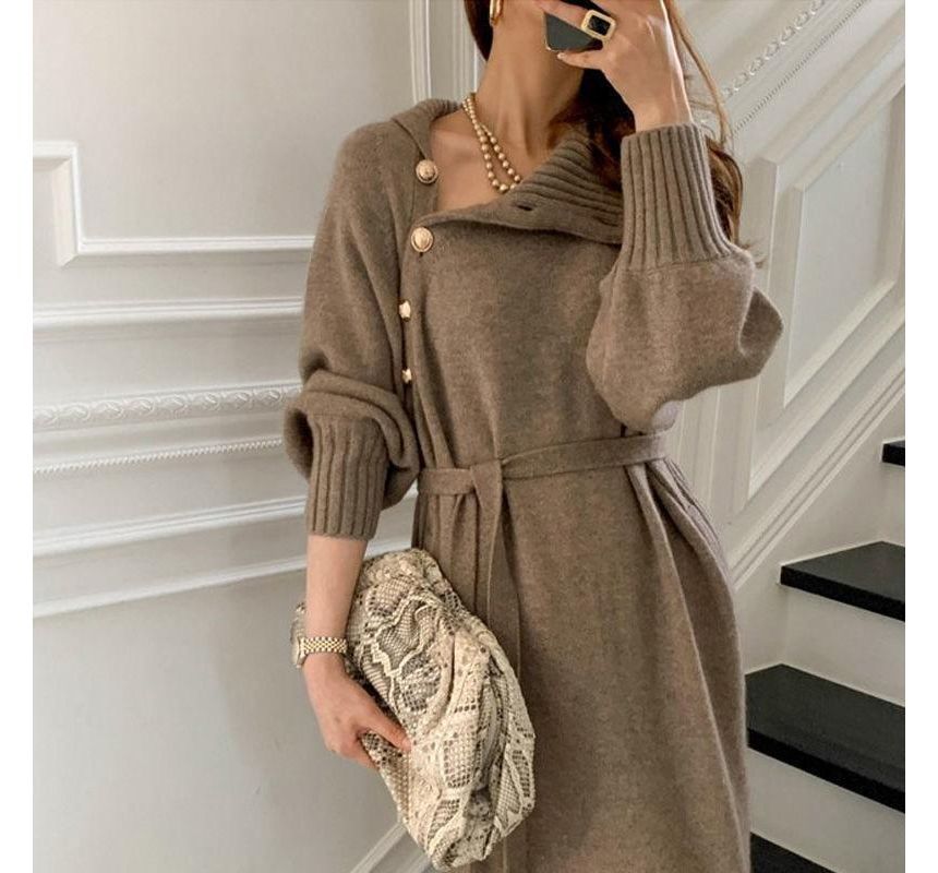 Yupina - Effen coltrui-midi-jurk met sashed-hals
