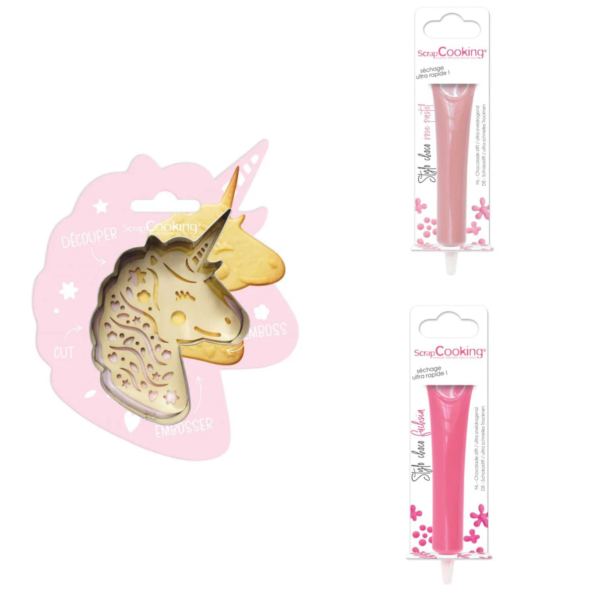 Kit pour biscuit en relief Licorne + 2 Stylos au chocolat rose pastel