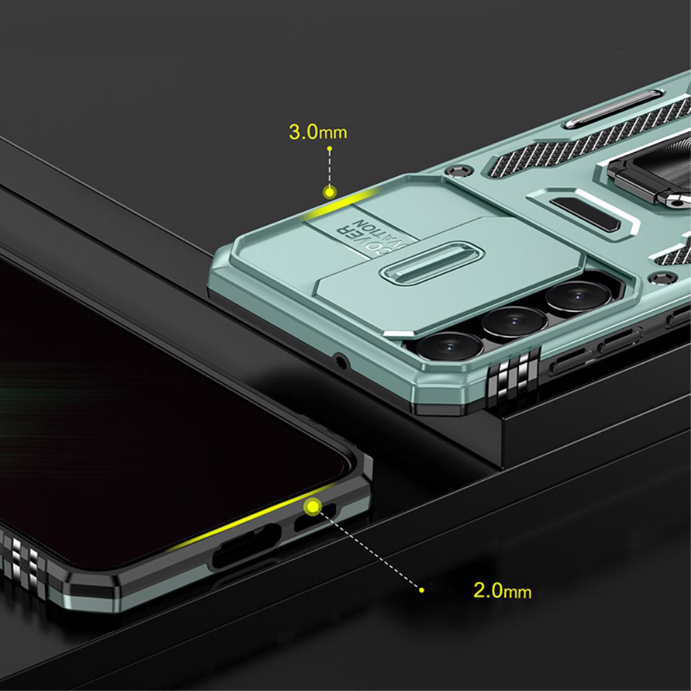 Samsung Galaxy S23 5G Hybrid Outdoor Hardcase Hülle mit Cam-Slider   Magnetischer Kickstand - Grün
