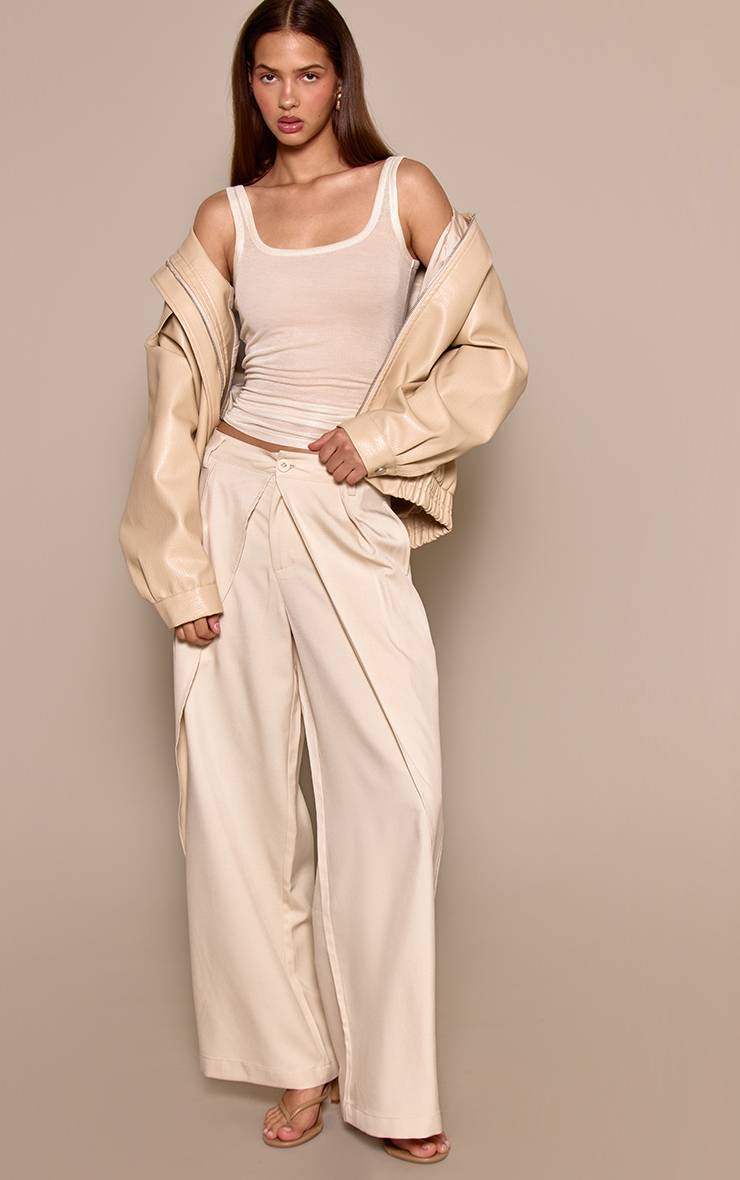 Crème Pantalon Large À Jambes Évasées Avec Panneau Drapé Et Plis Tissés