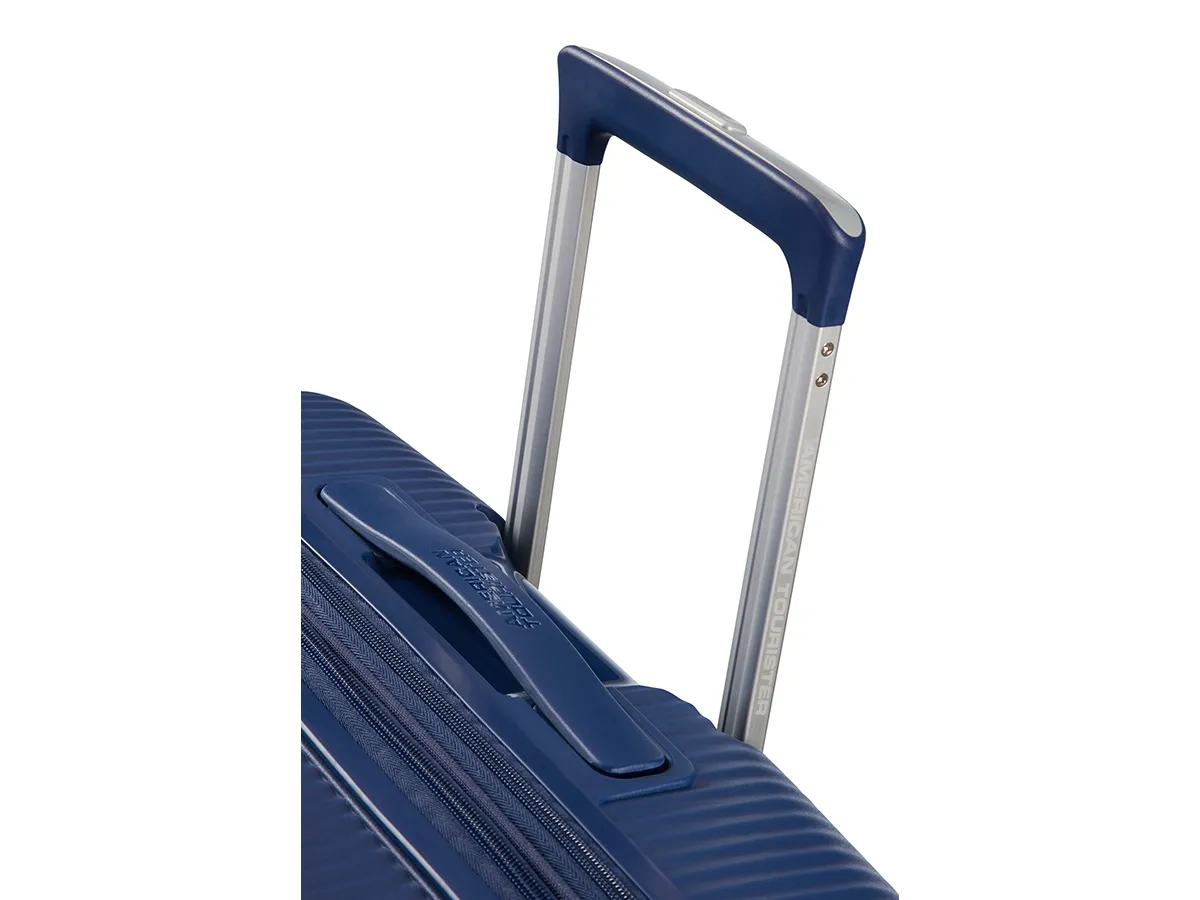 [OUTLET] - American Tourister Soundbox, Spinner, Blå, Polypropylen (PP), 4 hjul, Roterende hjul, Lynlås