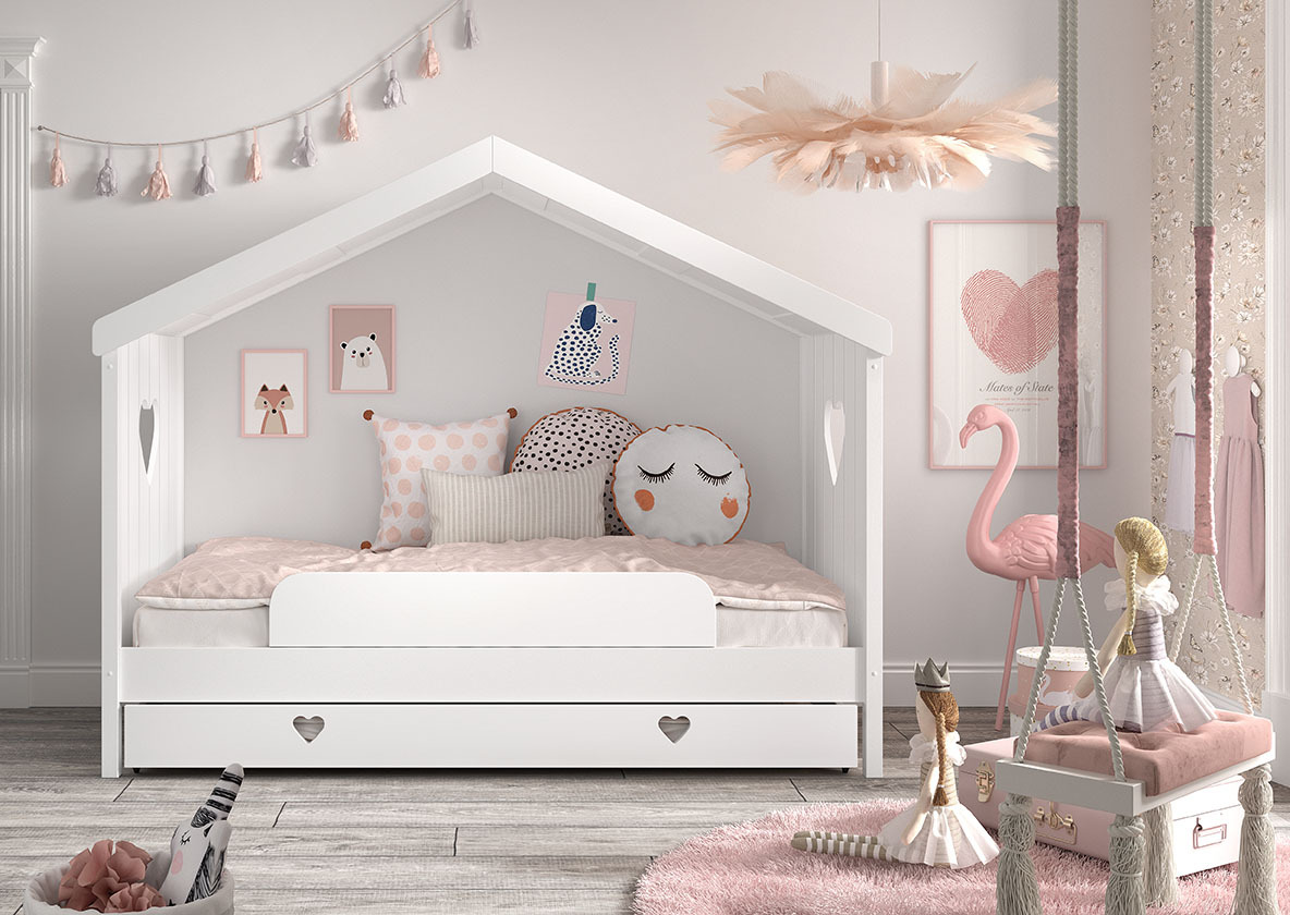 Hausbett AMORI - weiß - mit Bettschublade - 90x200 cm