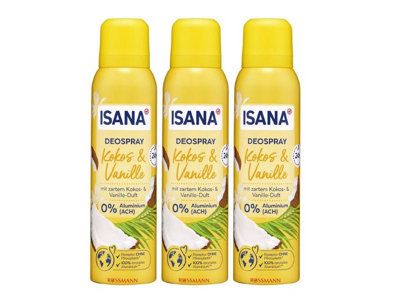 Isana Deo Spray Kokos und Vanille 3 x 150 ml Aluminiumfreies Deo mit verführerischem Duft
