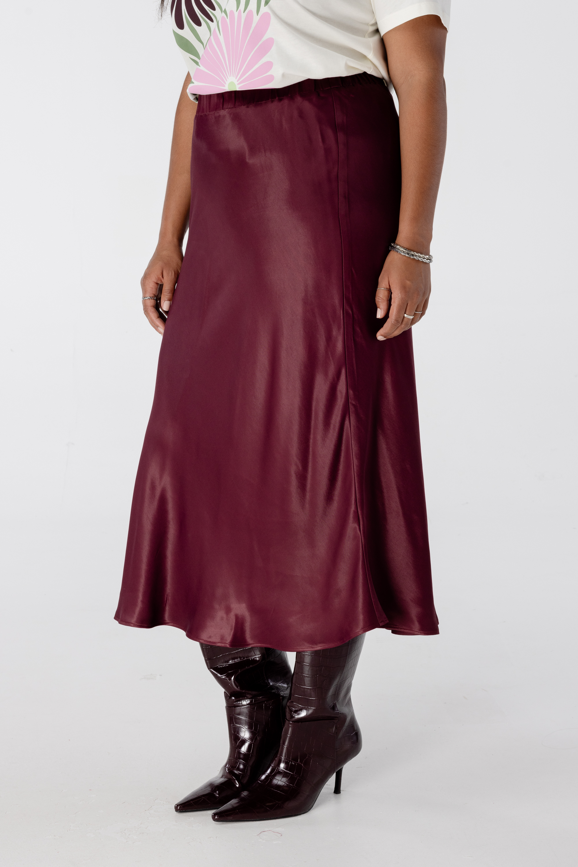 Midi rok van satijn Bordeaux