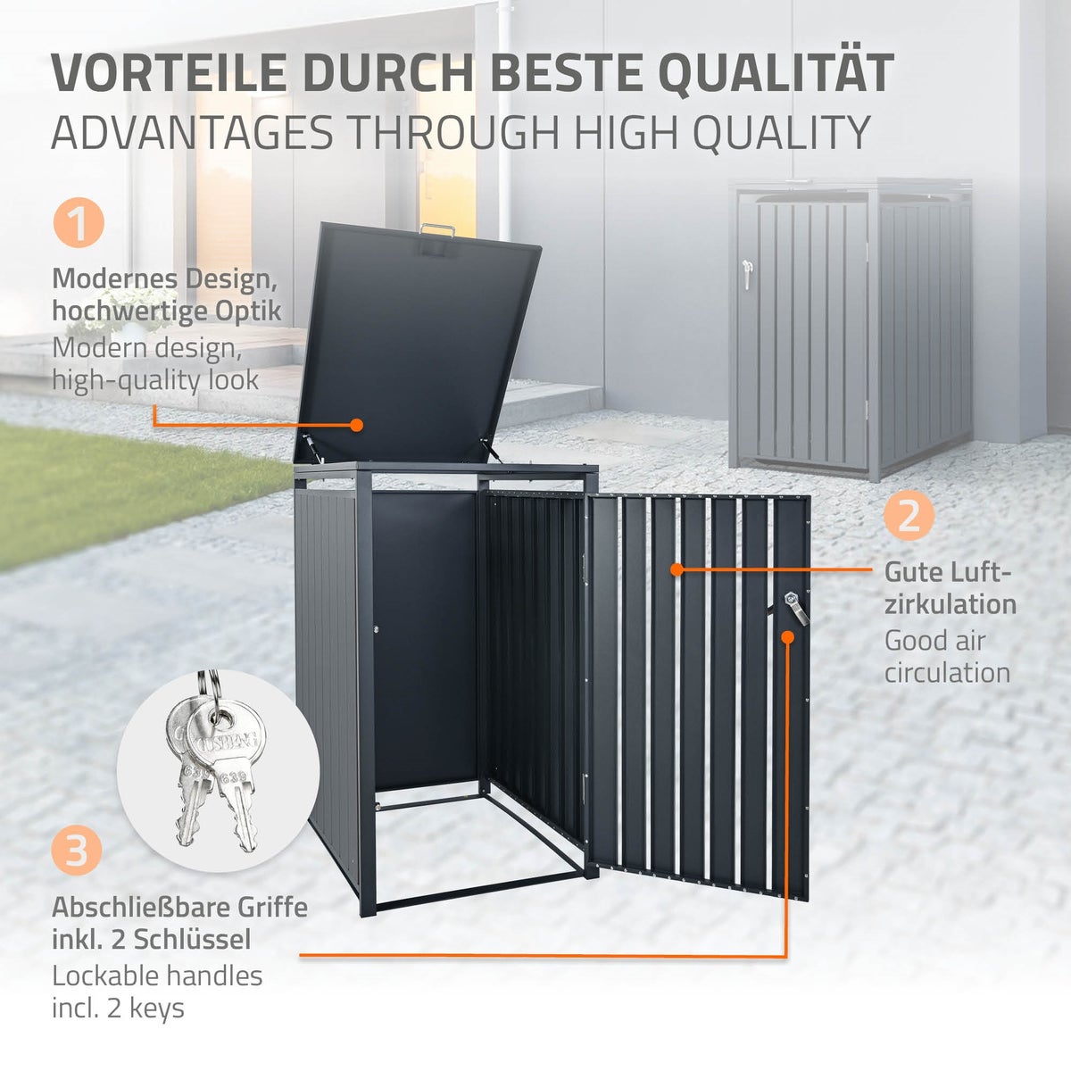 ML-Design Enkele Bak Opbergkast voor 1 Bak, 240L, 68x80x116,3 cm, Antraciet, Staal, Weerbestendig, Afsluitbare Bakbehuizing met Scharnierend Deksel en Deur, Bakbox, Bakcontainer, Bakdeksel