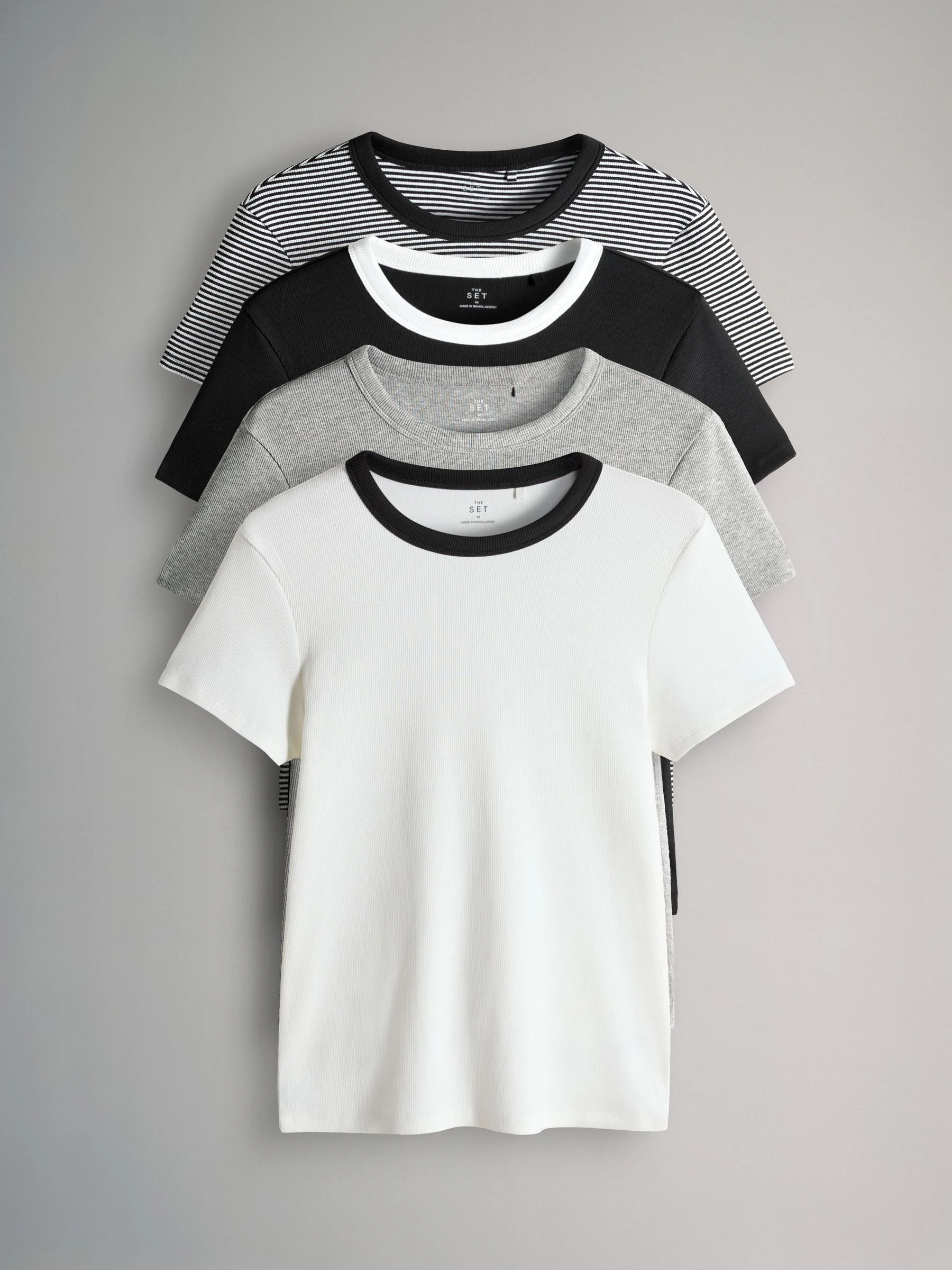 Zwart/Wit/Strepen/grijs - The Set - 4 Geribbelde T-shirts met korte mouwen