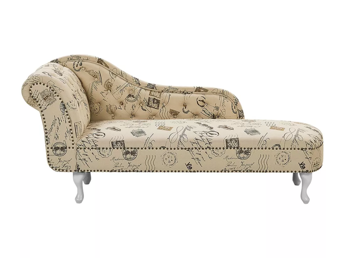Chaise longue Chesterfield en tissu imprimé beige côté droite NIMES