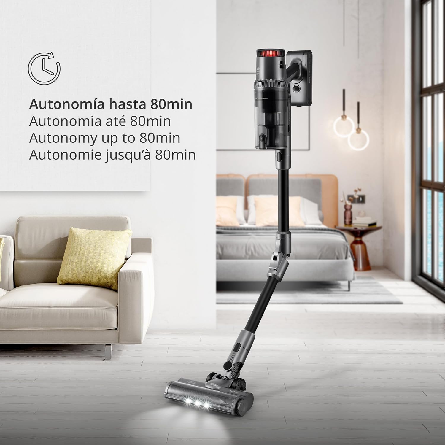 Ufesa Z7 Digital Animal Akku Staubsauger, Selbstladender-Flexibler, 29.6V, LED Touchscreen, 26KPa, 500W, 80 min, Multi-Surface Brush mit Licht, 4 Modi, Zubehör Pets/ Tierhaare/Teppiche/Teppich/Auto