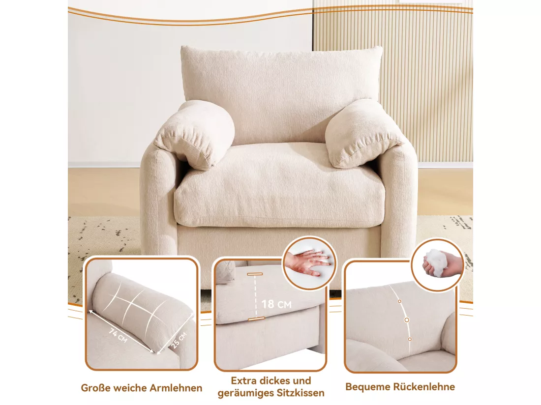 Sofa de Salon Moderne en Tissu Chenille, Fauteuil Confortable avec Accoudoirs, Grand Siège Décoratif, Fauteuil de Loisirs pour Salon et Chambre