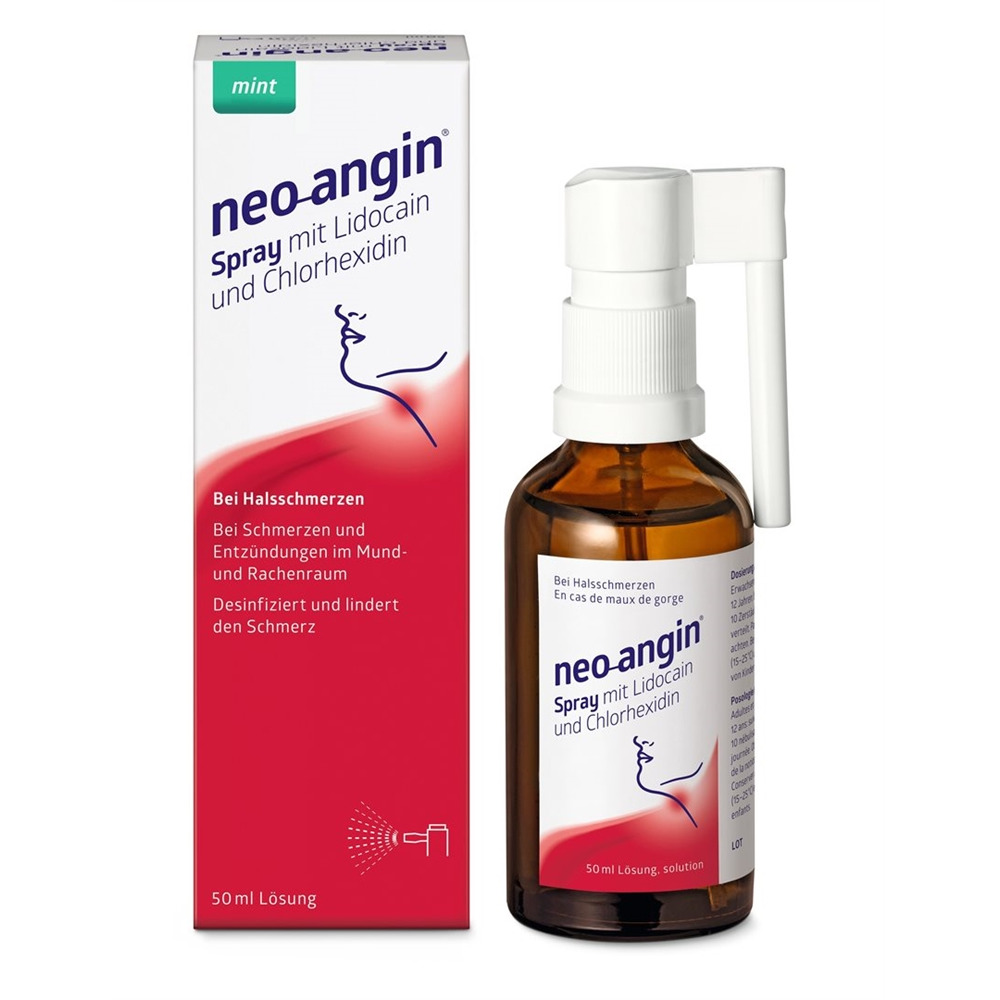 NEO-ANGIN Spray mit Lidocain und Chlorhexidin 50 ml<br>50 ml, Spray zur Anwendung in der Mundhöhle, Lösung, mit Lidocain und Chlorhexidin