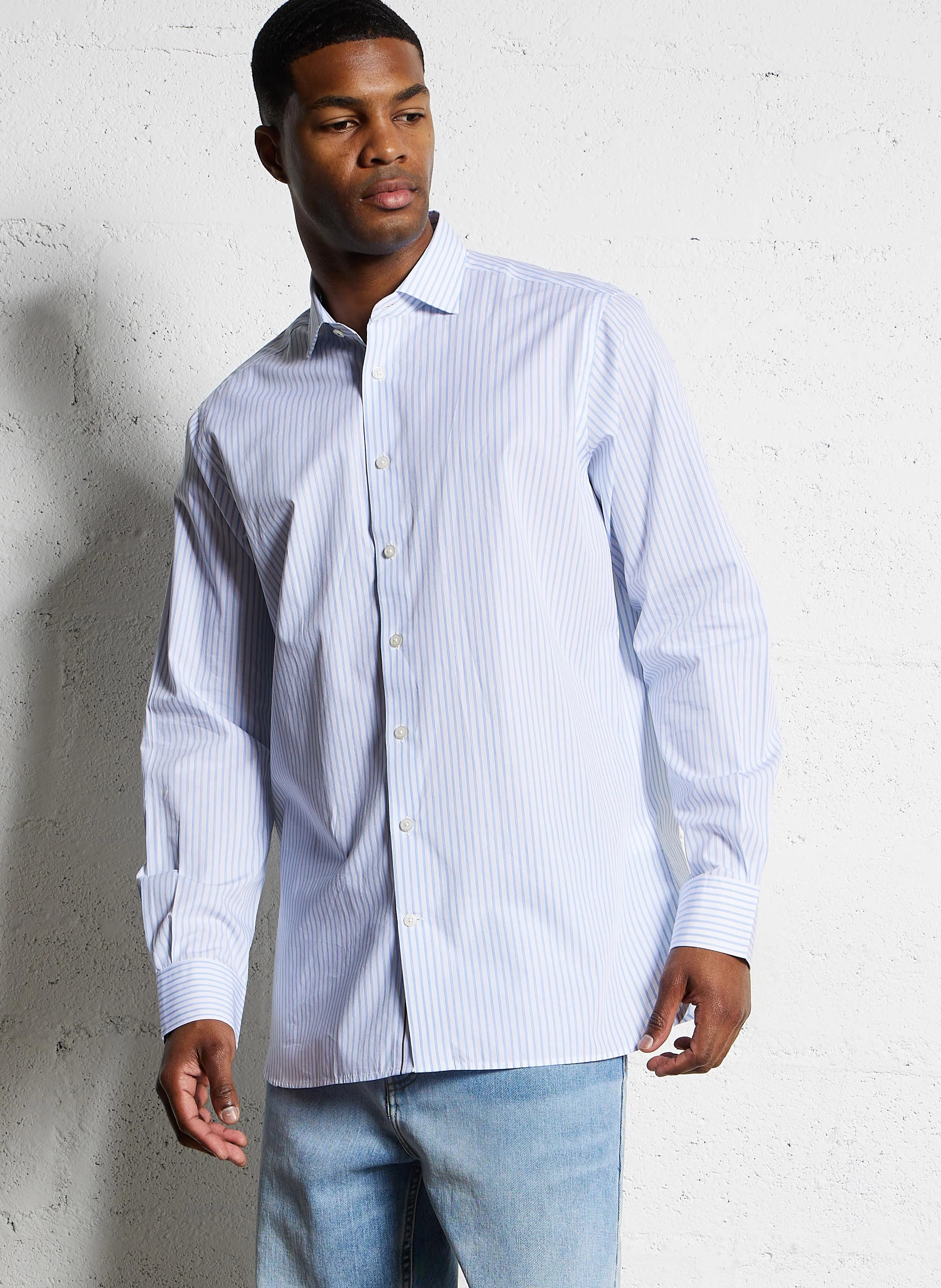 Chemise droite en coton rayé | Bleu