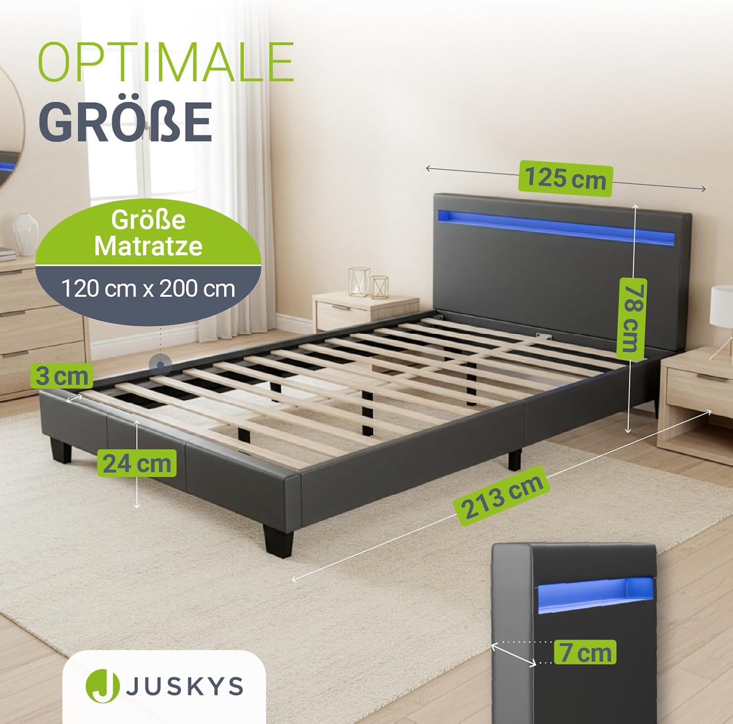 Juskys Polsterbett 120x200 cm – Bett Paris mit LED Beleuchtung, Lattenrost & Kopfteil, modernes Doppelbett aus Kunstleder & Holz – Grau