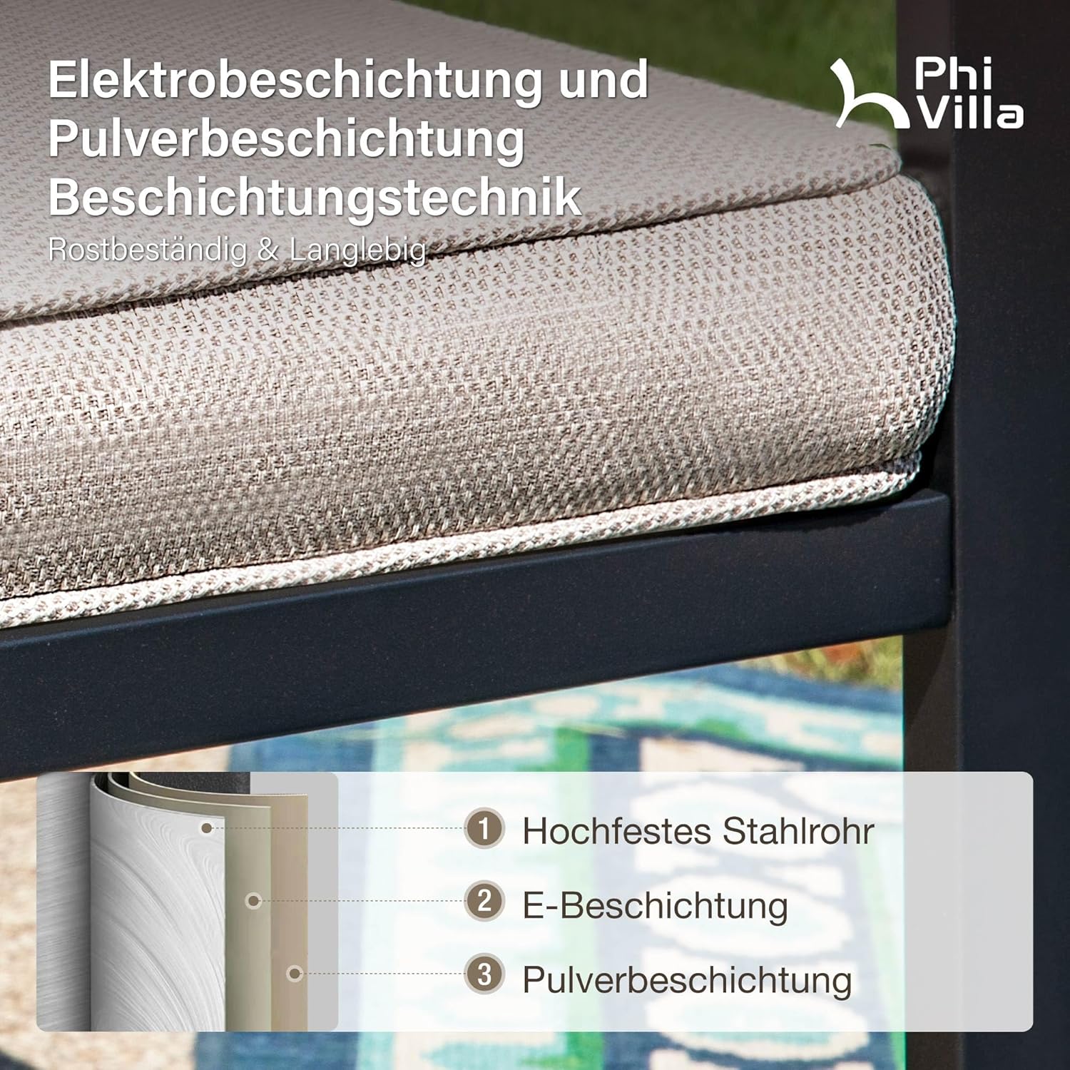 PHI VILLA Gartenmöbel Set Outdoor Balkon Esstisch mit 6 Rattan Stühlen und 1 Rechteckig Metall Gartentisch, 7-teiliges Gartenset Tisch und Stühle für 6, Patio Dining Table Set für Hinterhof Veranda