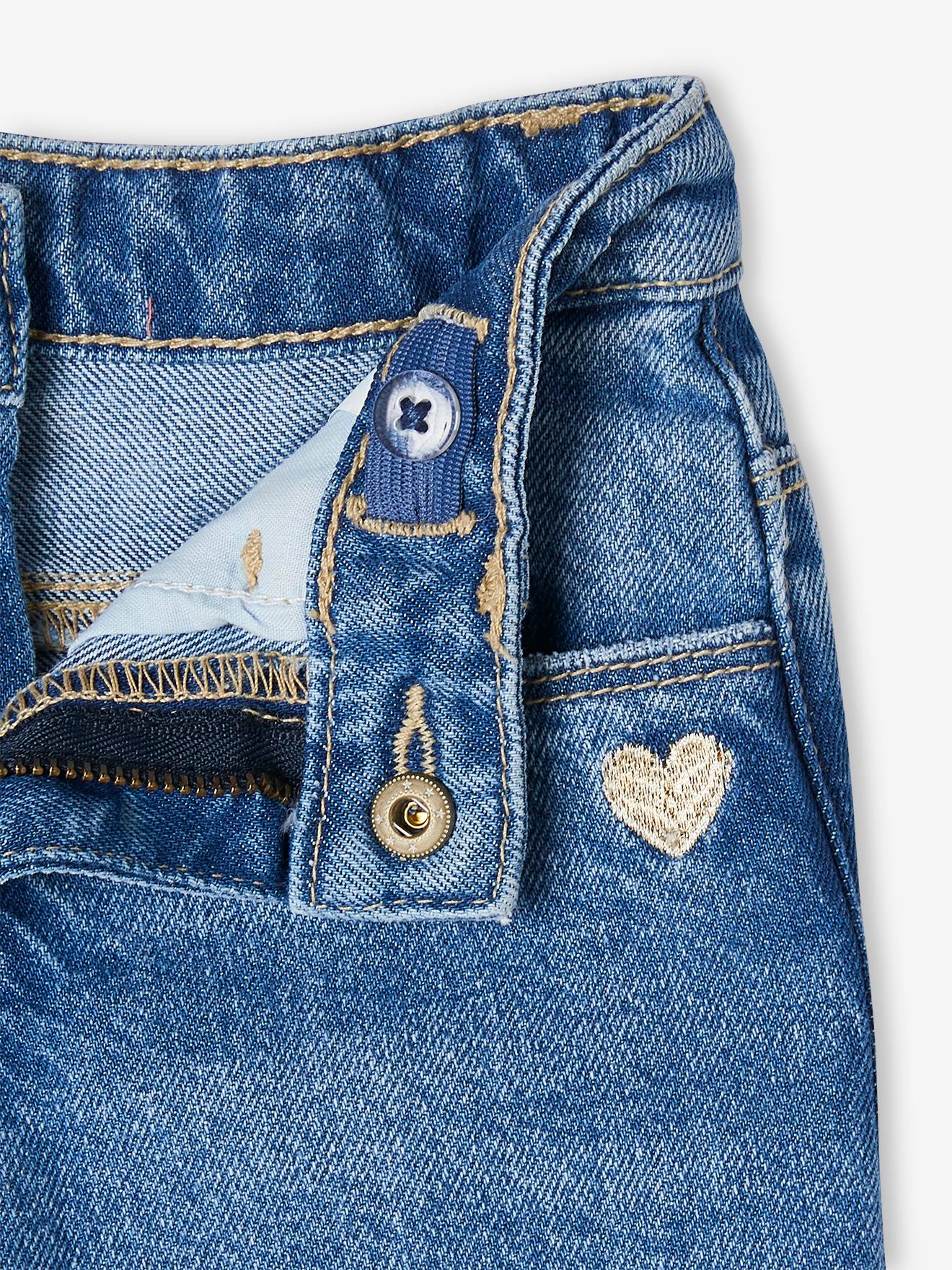 Calça jeans de perna larga com barra desfiada para meninas, jeans azul
