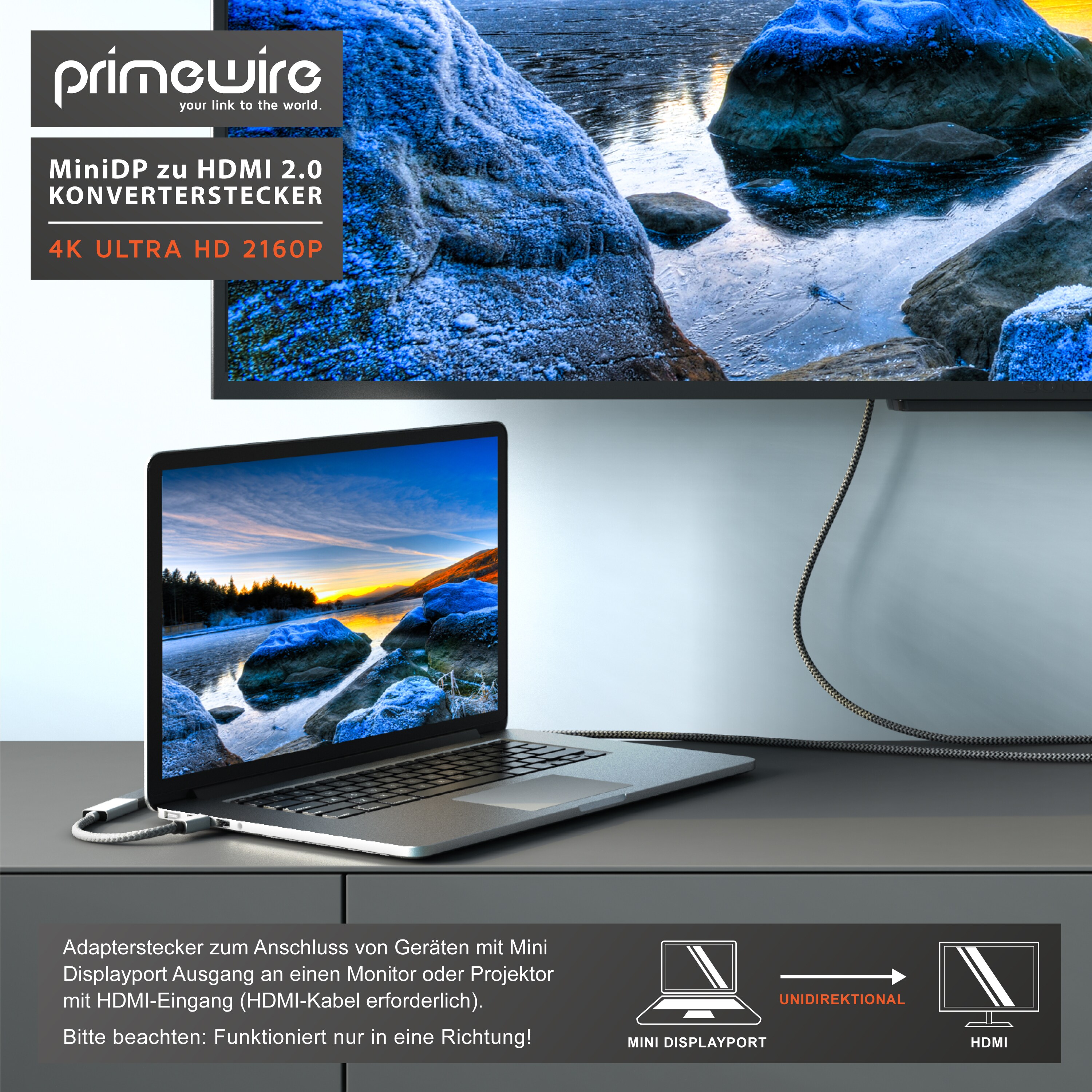 Primewire 4k Mini Displayport zu Hdmi 2.0 Adapter - mini DP Kabel - 4k@60Hz - Thunderbolt 1 - 2 - Audio und Video