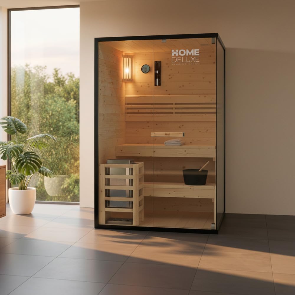 Home Deluxe - Traditionelle Sauna - Shadow M - 120 x 120 x 190 cm - für 2 Personen - hochwertiges Fichtenholz, inkl. Saunaofen, Saunazubehör I Dampfsauna Aufgusssauna Finnische Sauna Bio Sauna