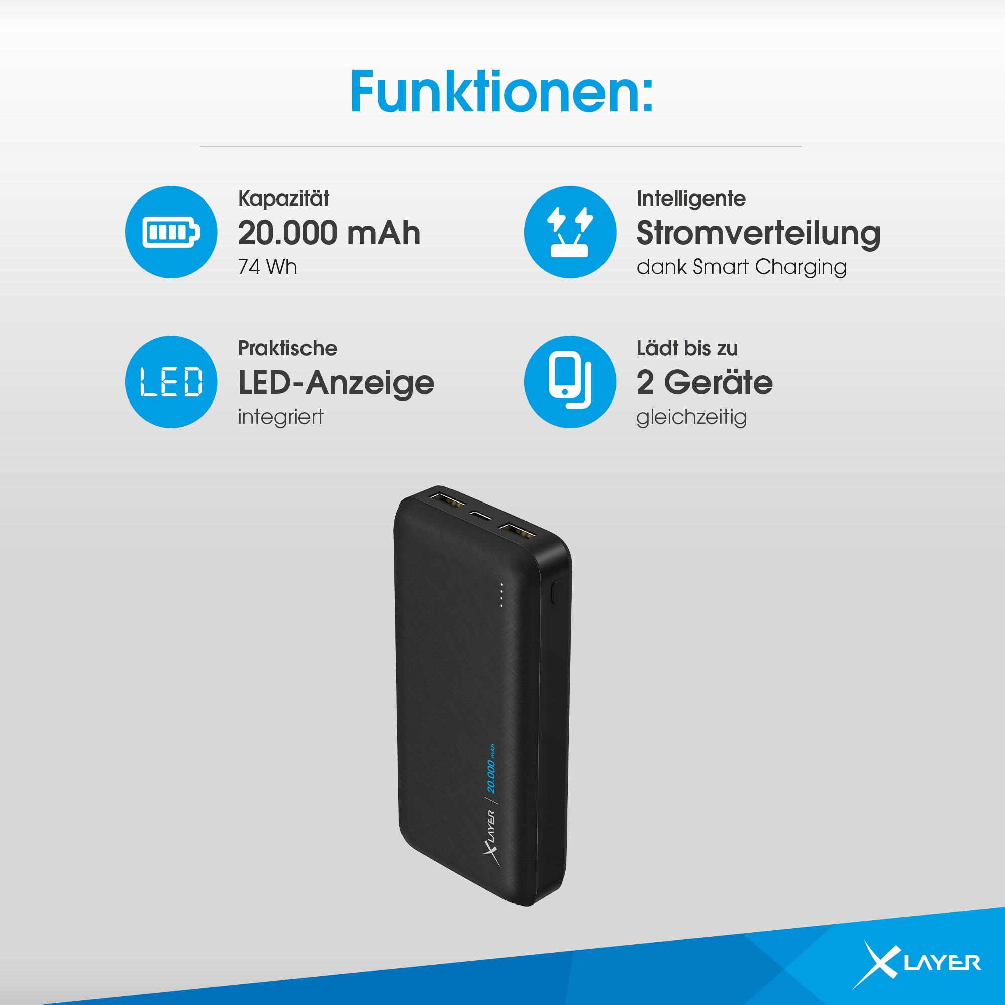 Xlayer POWERBANKS Powerbank Solid 20000 mAh Akku schnelles Aufladen externes Ladegerät