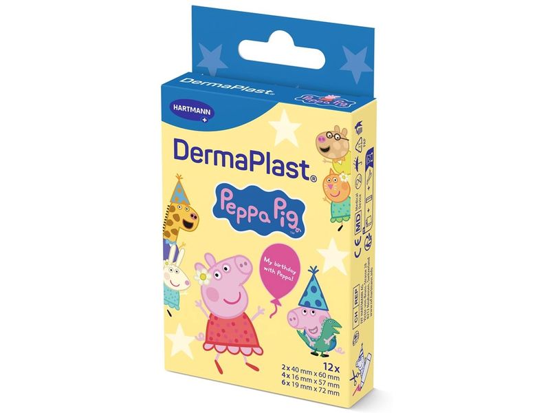 DermaPlast Kids Peppa Pig 3 Grössen 12 Stück Bunte, hautfreundliche Pflaster für Kinder in 3 Grössen