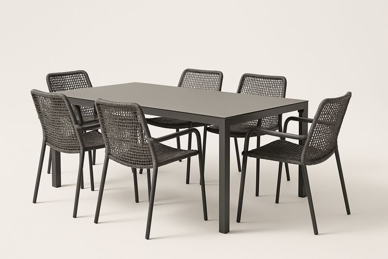 Essgruppe rechteckig Tisch Aluminium Anthrazit + 6 Stühle Polyrattan A