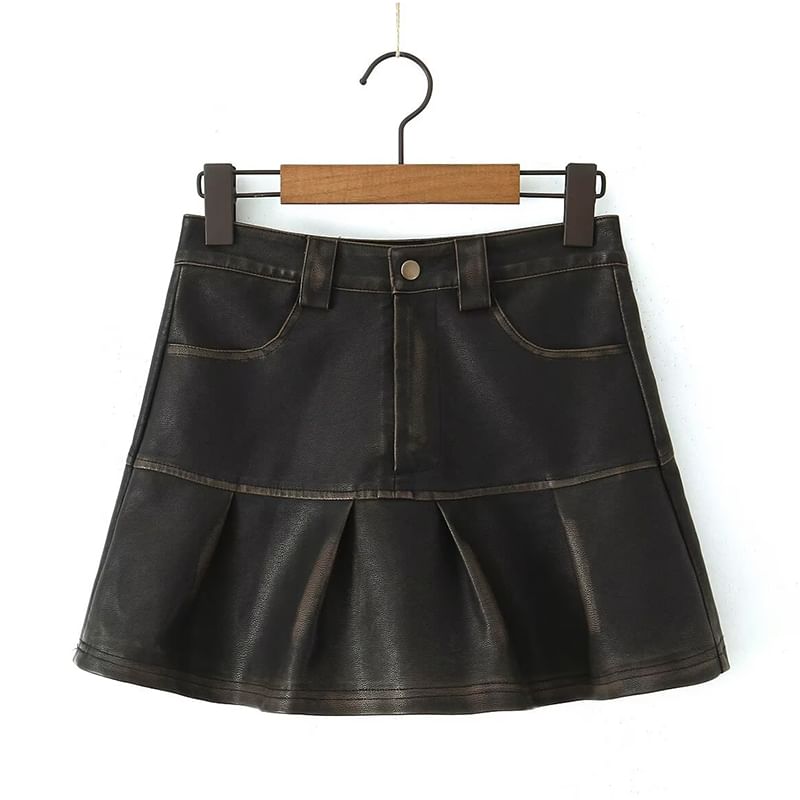 SugaYuja - Hoge taille, gewassen, geplooide, imitatieleren mini-A-lijn rok