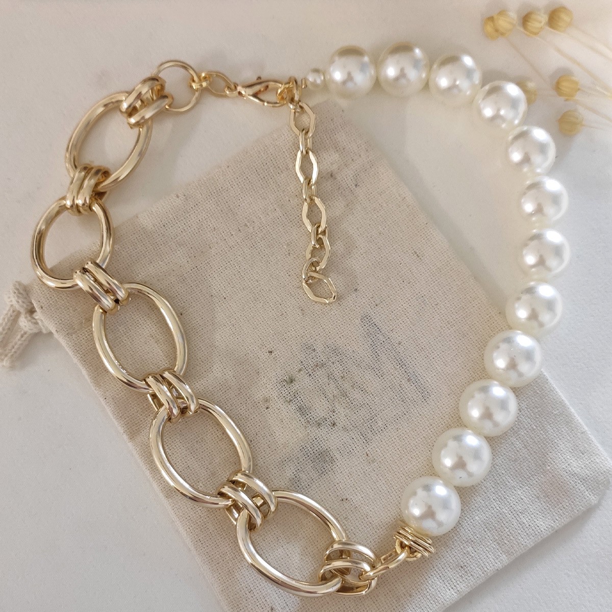 Collier chaîne - Laiton plaqué or & perles