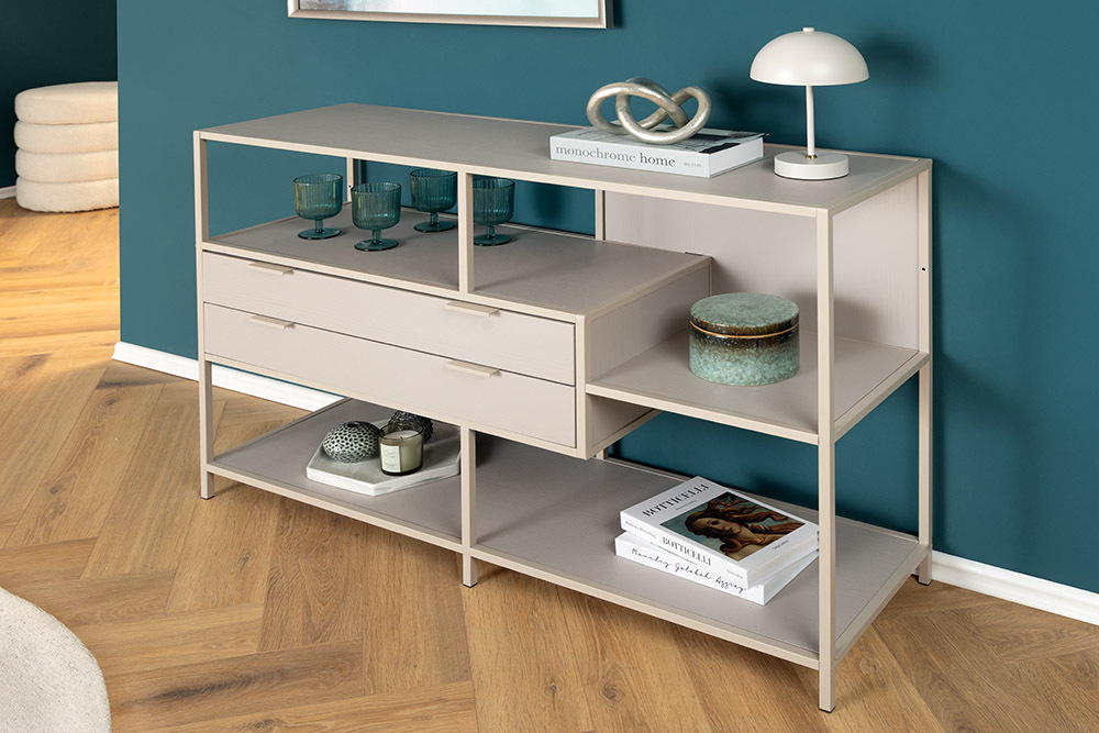 Modernes Bücherregal SLIM LINE 115cm champagner beige Metall mit Schubladen