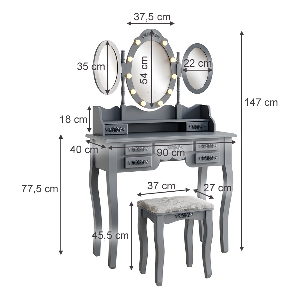 Vicco Schminktisch Diana Grau 90 cm mit Beleuchtung und Hocker