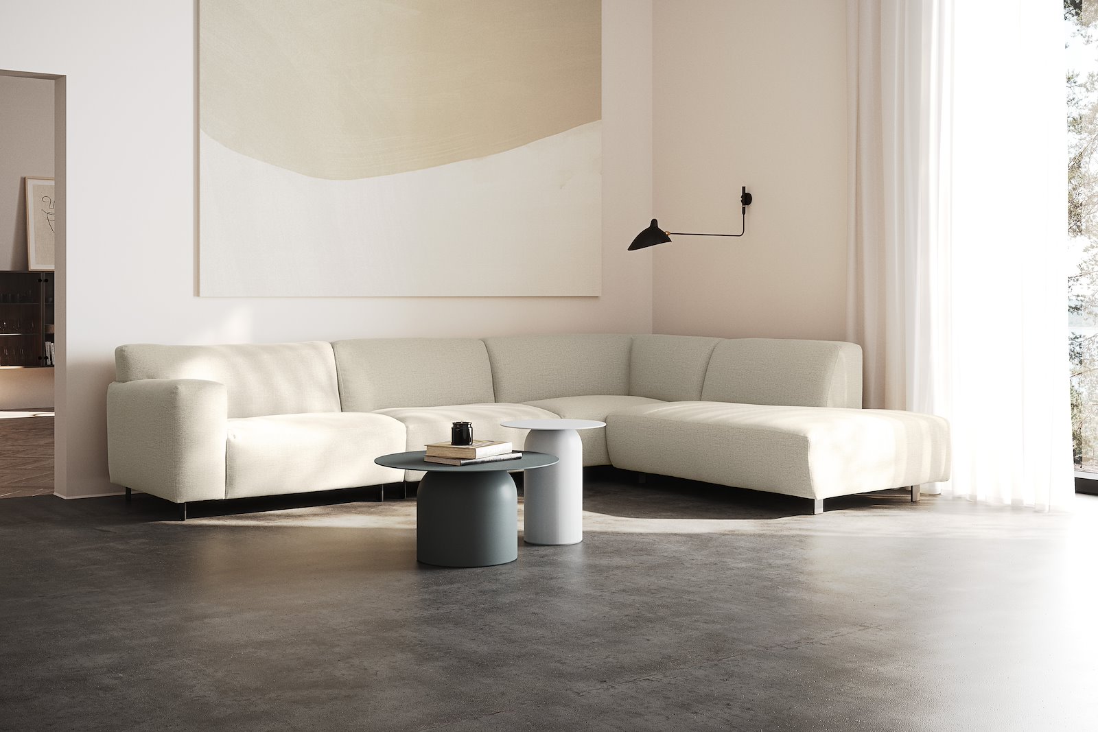 Vesta hjørnesofa 3-seter med åpen ende 2100høyre, Big hjørnemodul, Tekstil Cortina Sand, standardsøm, sort metallben 10 cm, Comfort CM